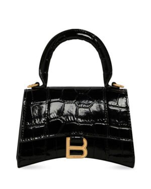 Balenciaga Hourglass Mini Handbag With Chain Crocodile Embossed Black