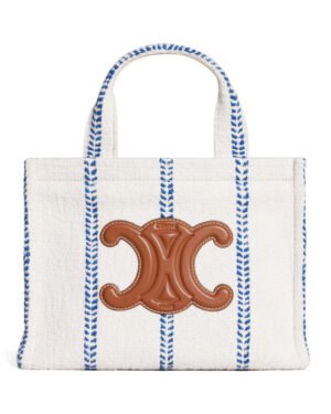 Celine Small Cabas Thais In Striped Textile And Calfskin Cream