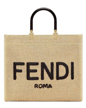Fendi Medium Embroidered Straw Tote Bag Apricot
