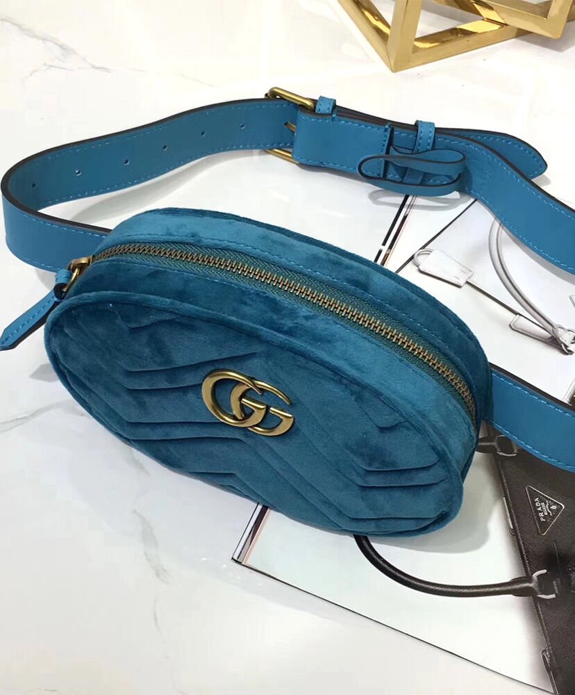 Gucci GG Marmont matelasse velvet belt bag 476434 Blue - Image 7