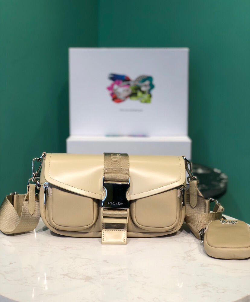 Prada Pocket Nylon And Brushed Leather Bag 1BA896 Apricot - Image 2