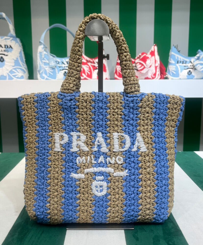 Prada Small Raffia Tote Bag Blue - Image 2