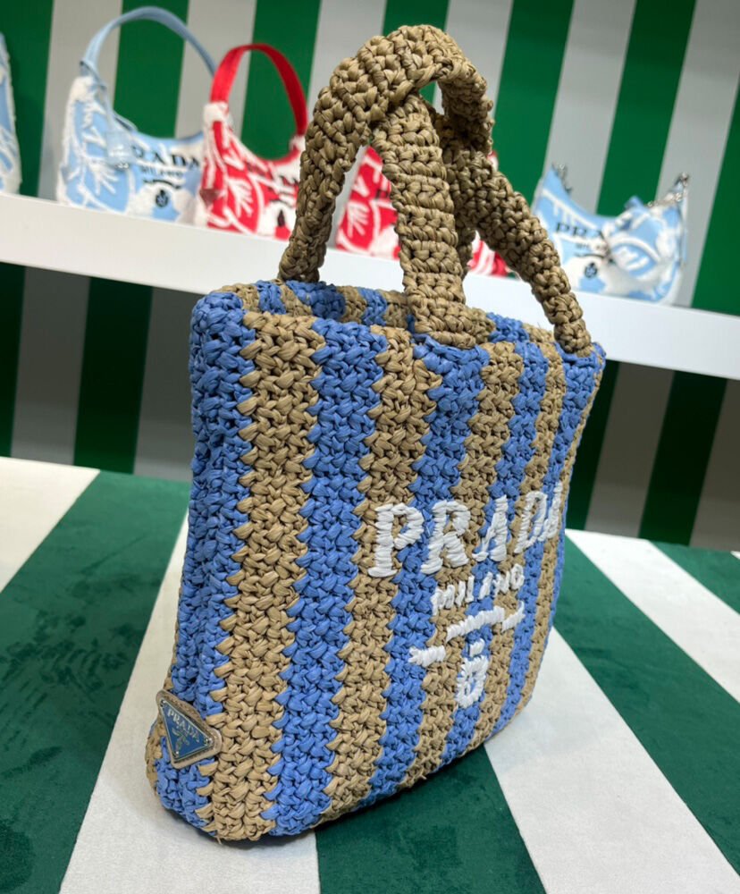Prada Small Raffia Tote Bag Blue - Image 3