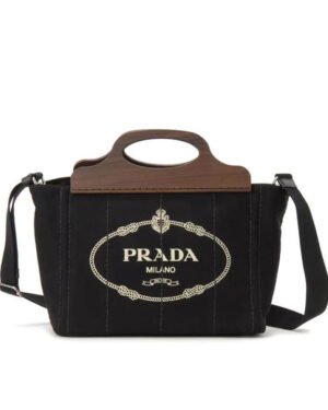 Prada Wooden Handle Canvas Tote Bag Black