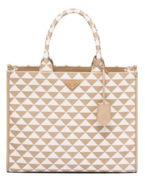 Prada Large Prada Symbole Embroidered Fabric Handbag 1BA356 Cream