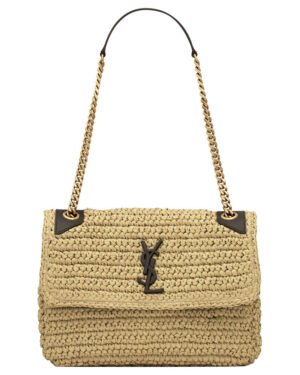 Saint Laurent Niki Medium Chain Bag In Raffia And Leather Apricot