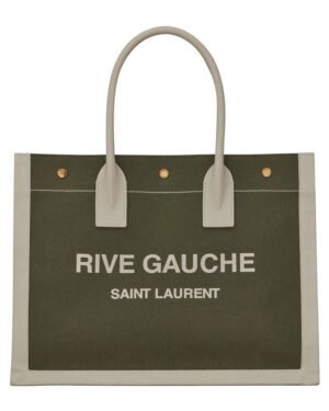 Saint Laurent Rive Gauche Small Tote Bag In Linen And Leather Green