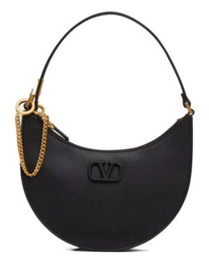 Valentino Logo Signature Mini Hobo Bag In Shiny Calfskin Black