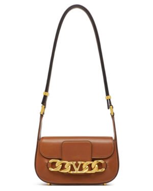 Valentino Vlogo Chain Small Laminated Nappa Shoulder Bag Coffee