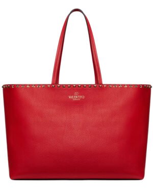 Valentino Large Calfskin Leather Rockstud Shopping Bag Red
