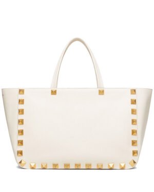 Valentino Roman Stud Grainy Calfskin Tote Bag White
