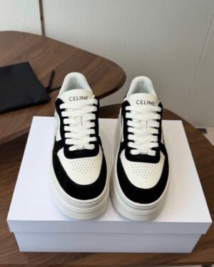 Celine Block Wedge Sneakers in Calfskin and Suede Women's Shoes