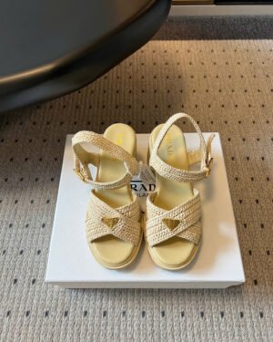 Prada Raffia Metal Triangle Logo Crochet Monolith Sandals 8.5cm