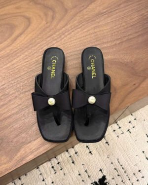 Chanel Lambskin Grosgrain Bow Pearl Thong Sandals