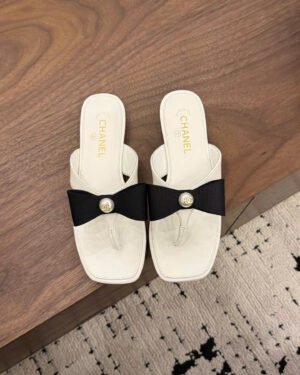 Chanel Lambskin Grosgrain Bow Pearl Thong Sandals
