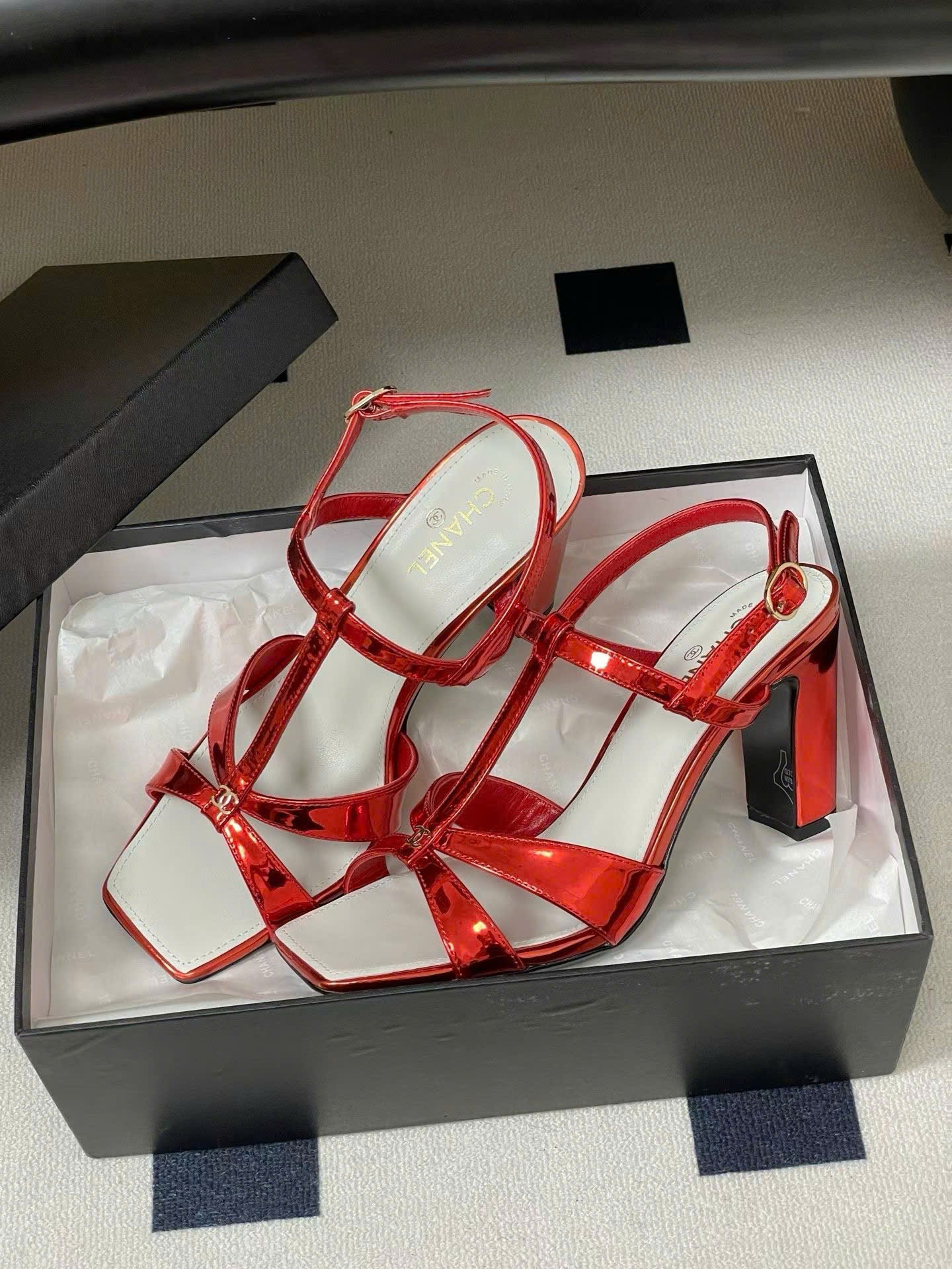 Chanel Laminated Calfskin Block Heel Sandals 9cm - Image 9